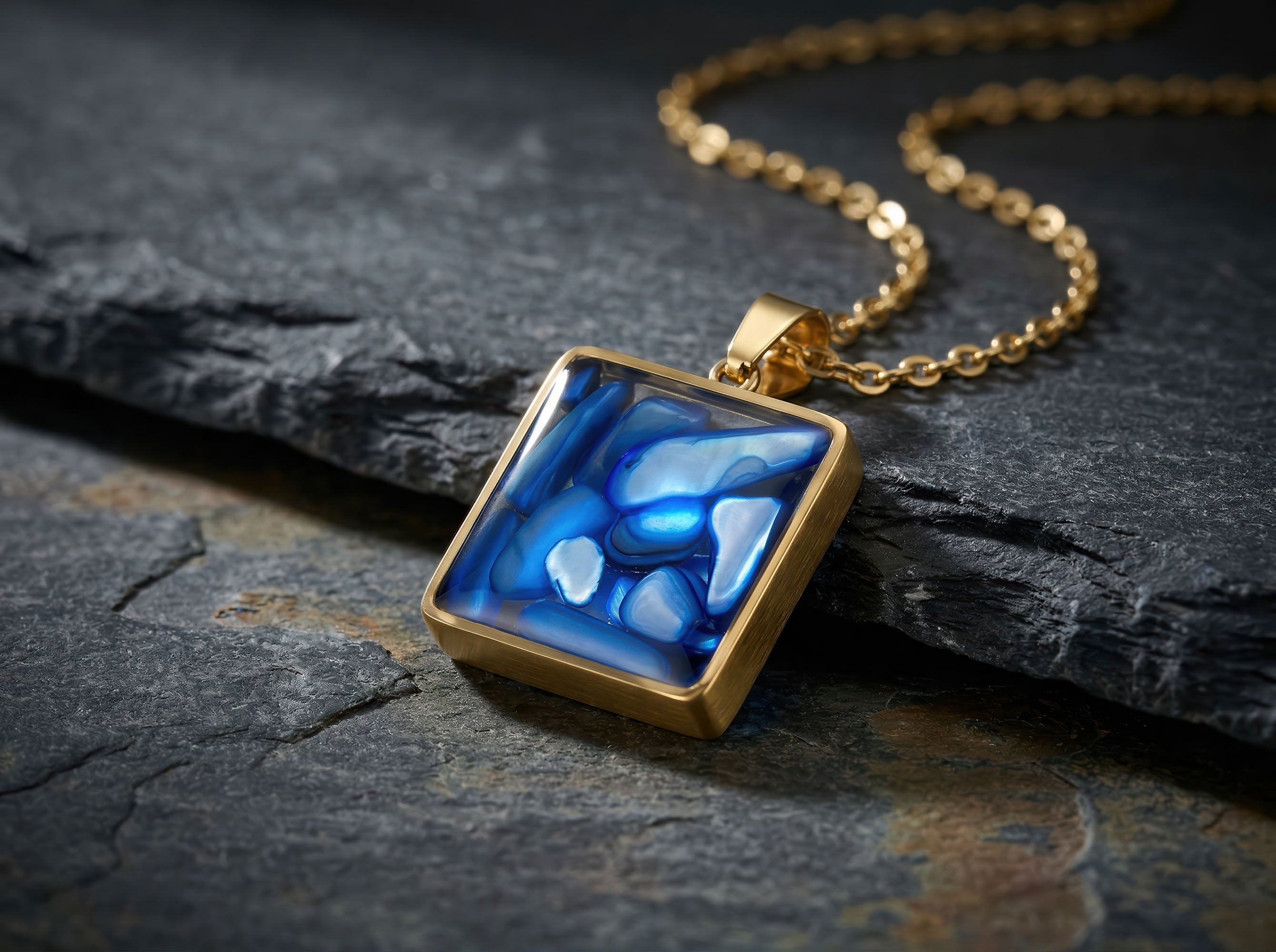 Blue Mosaic Pendant Necklace, 18K Gold Plated Stainless Steel, Square Gold Necklace, Adjustable Chain, Gift for Her