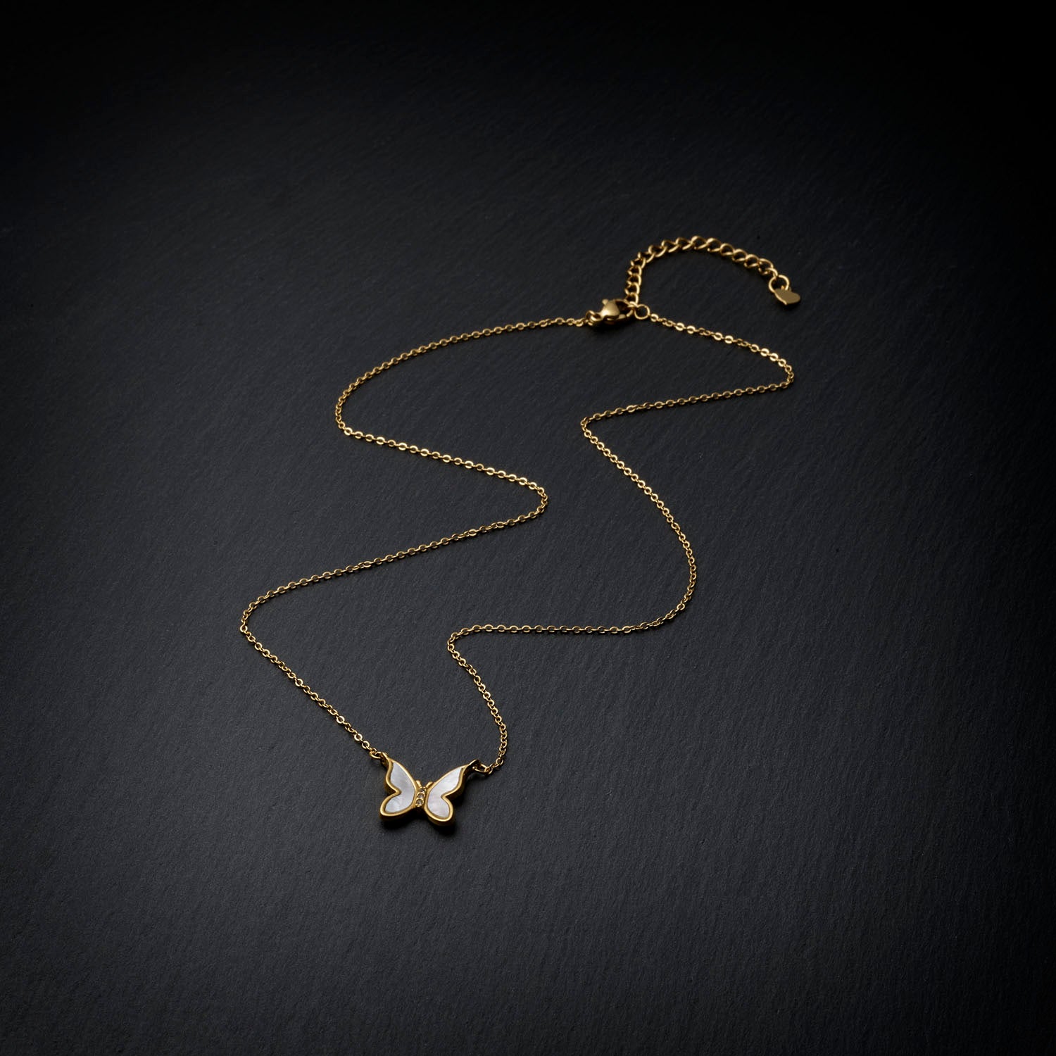White Iridescent Butterfly Necklace - 18K Gold Plated Stainless Steel