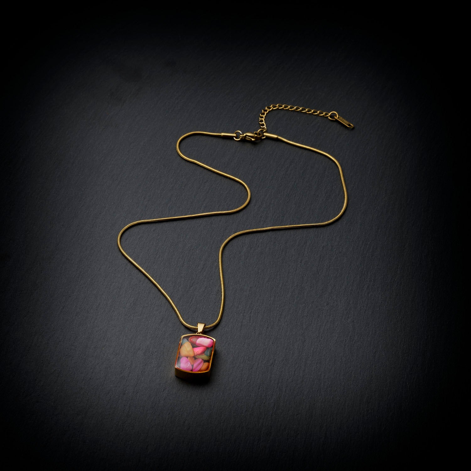 Multicolor Gemstone Resin Pendant Necklace, Gold Snake Chain, Boho Statement Jewelry, Adjustable 15.5-17.5 Inch, Unique Gift for Her