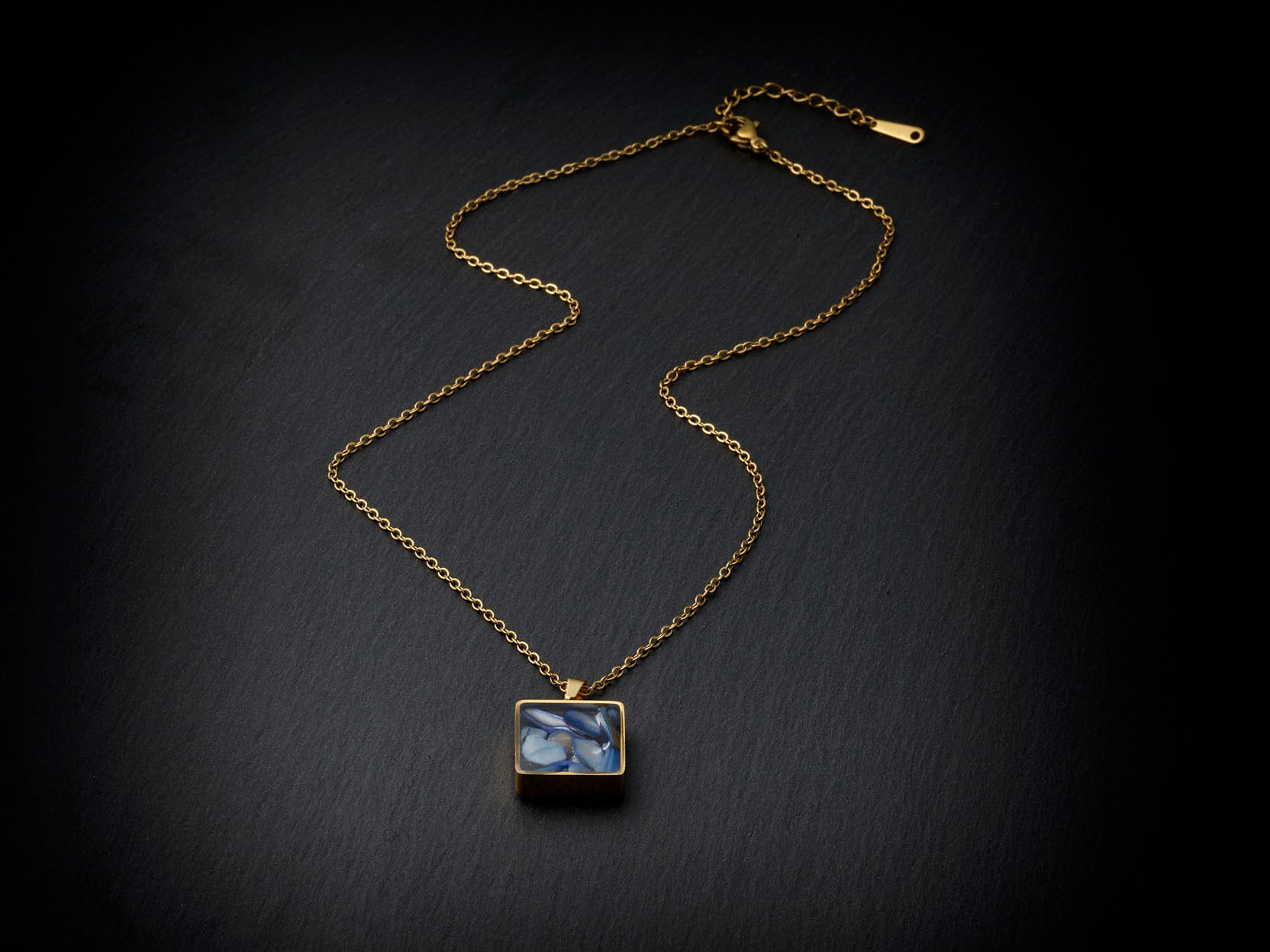Blue Mosaic Pendant Necklace, 18K Gold Plated Stainless Steel, Square Gold Necklace, Adjustable Chain, Gift for Her