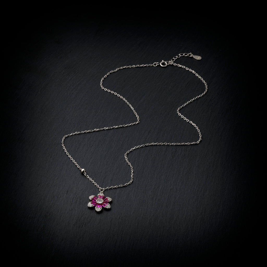 925 Sterling Silver Rhodium Plated Pink Crystal Flower Necklace