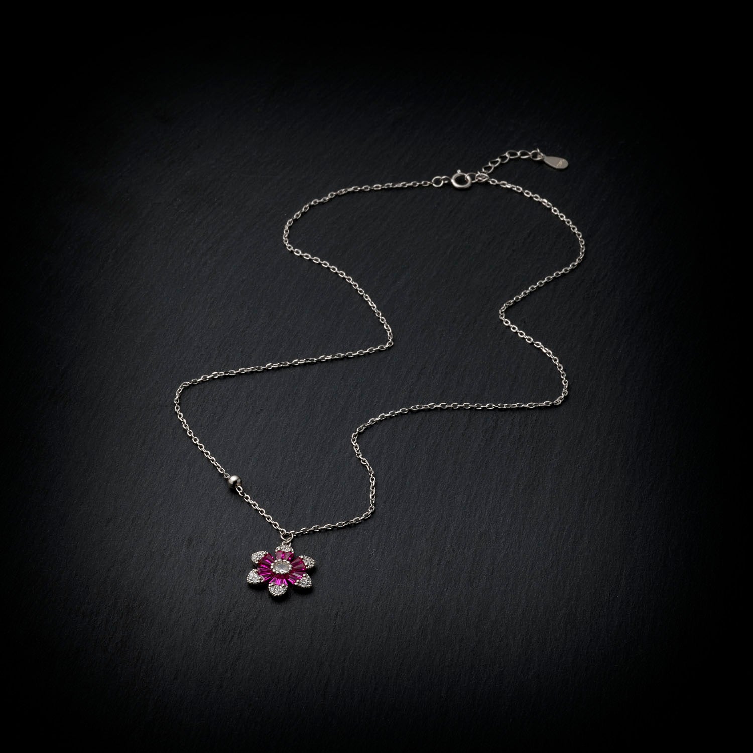 925 Sterling Silver Rhodium Plated Pink Crystal Flower Necklace