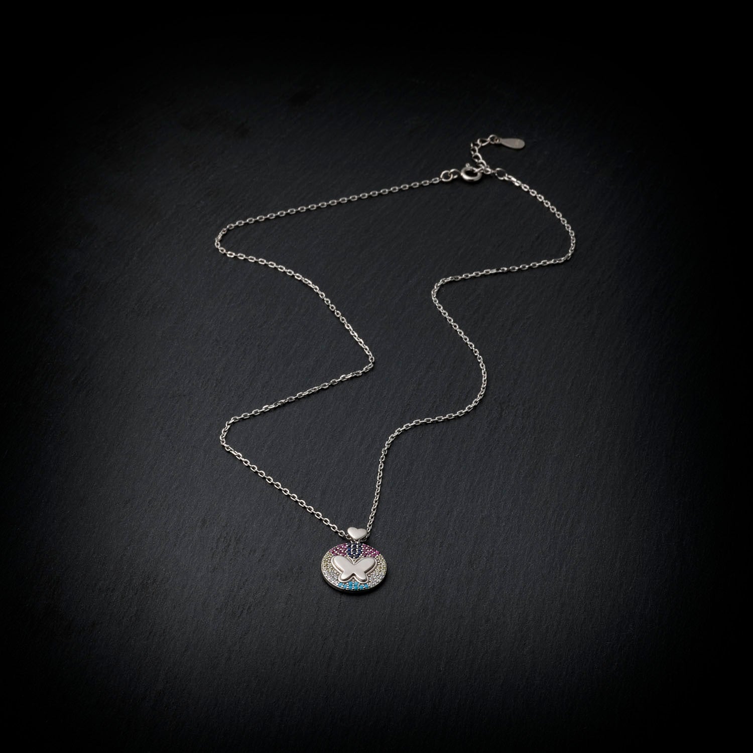 Sterling Silver Butterfly Pendant Necklace - Multicolor CZ Stones