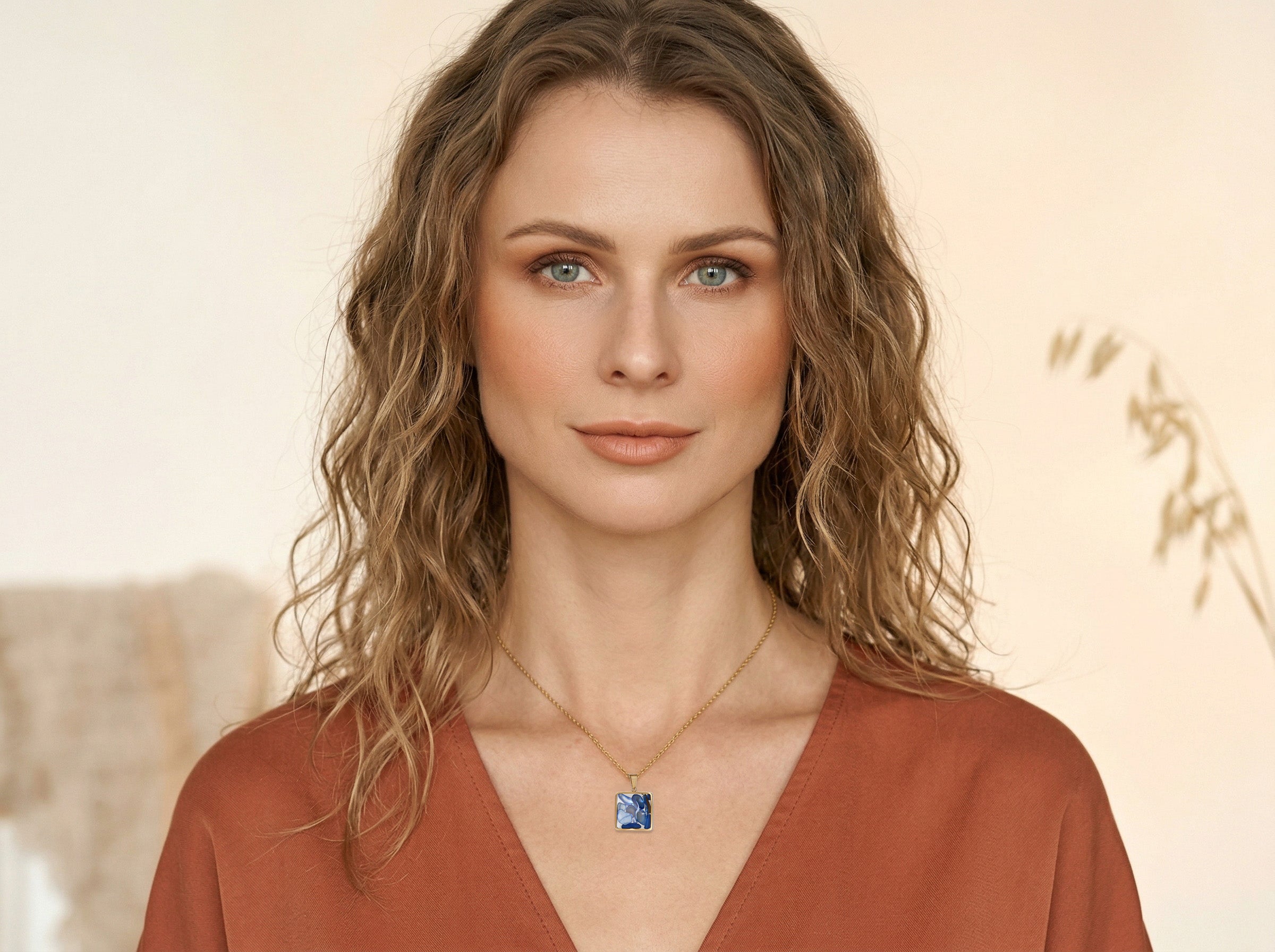 Blue Mosaic Pendant Necklace, 18K Gold Plated Stainless Steel, Square Gold Necklace, Adjustable Chain, Gift for Her