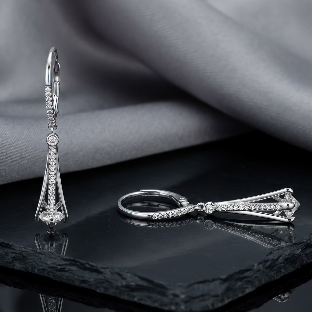 Tower Dangle Earrings 925 Sterling Silver Rhodium Plated