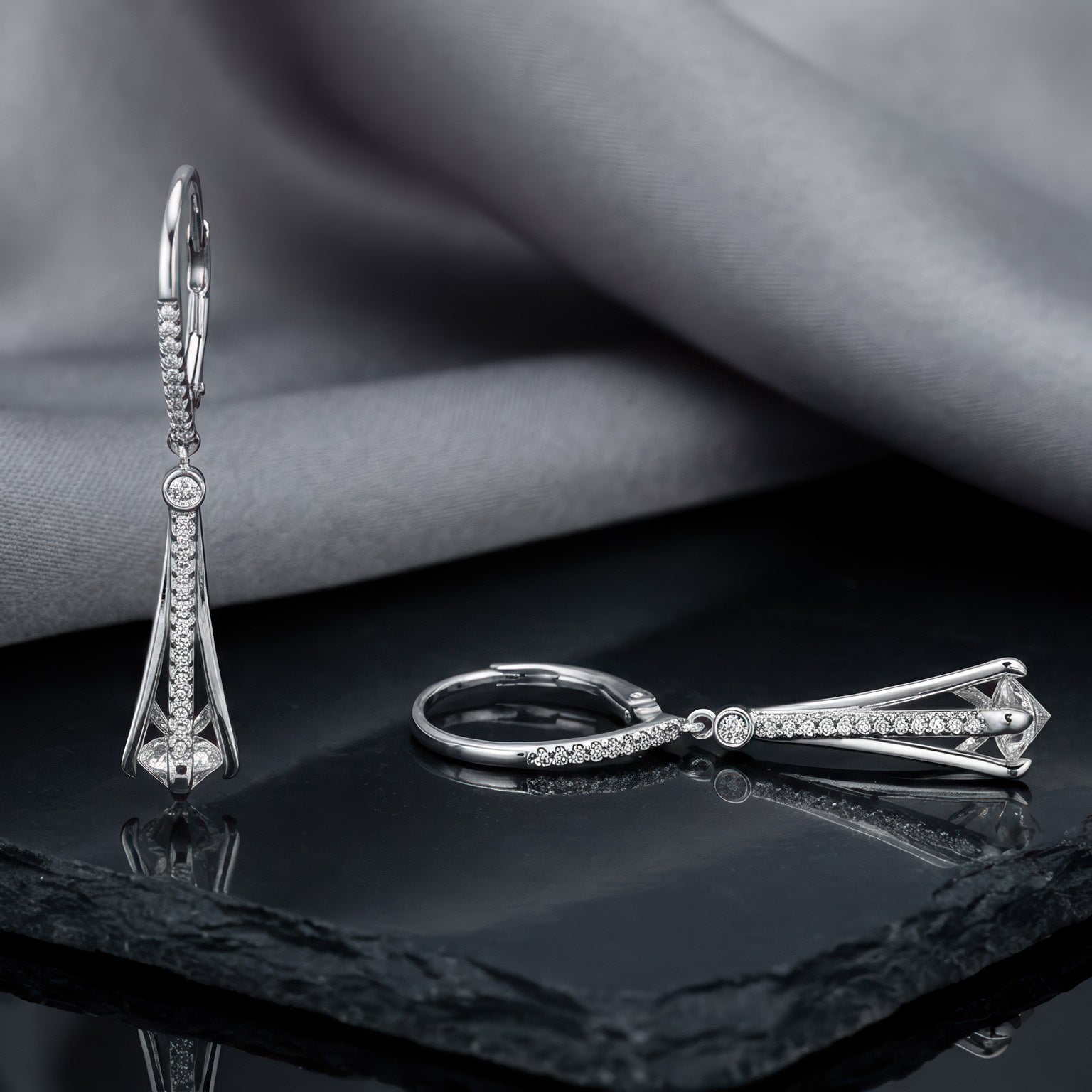 Tower Dangle Earrings 925 Sterling Silver Rhodium Plated