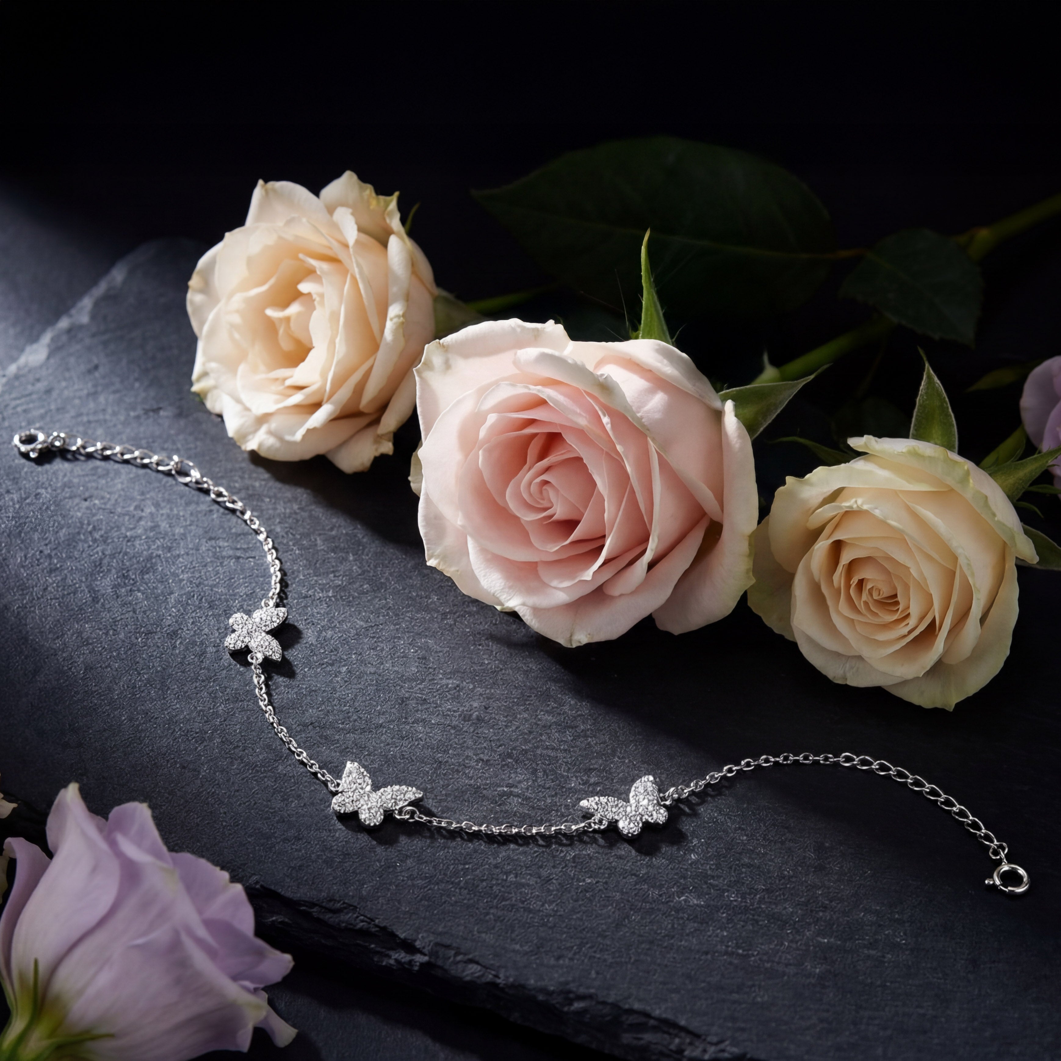 925 Sterling Silver Butterfly Bracelet, Rhodium or 14k rose gold Plated