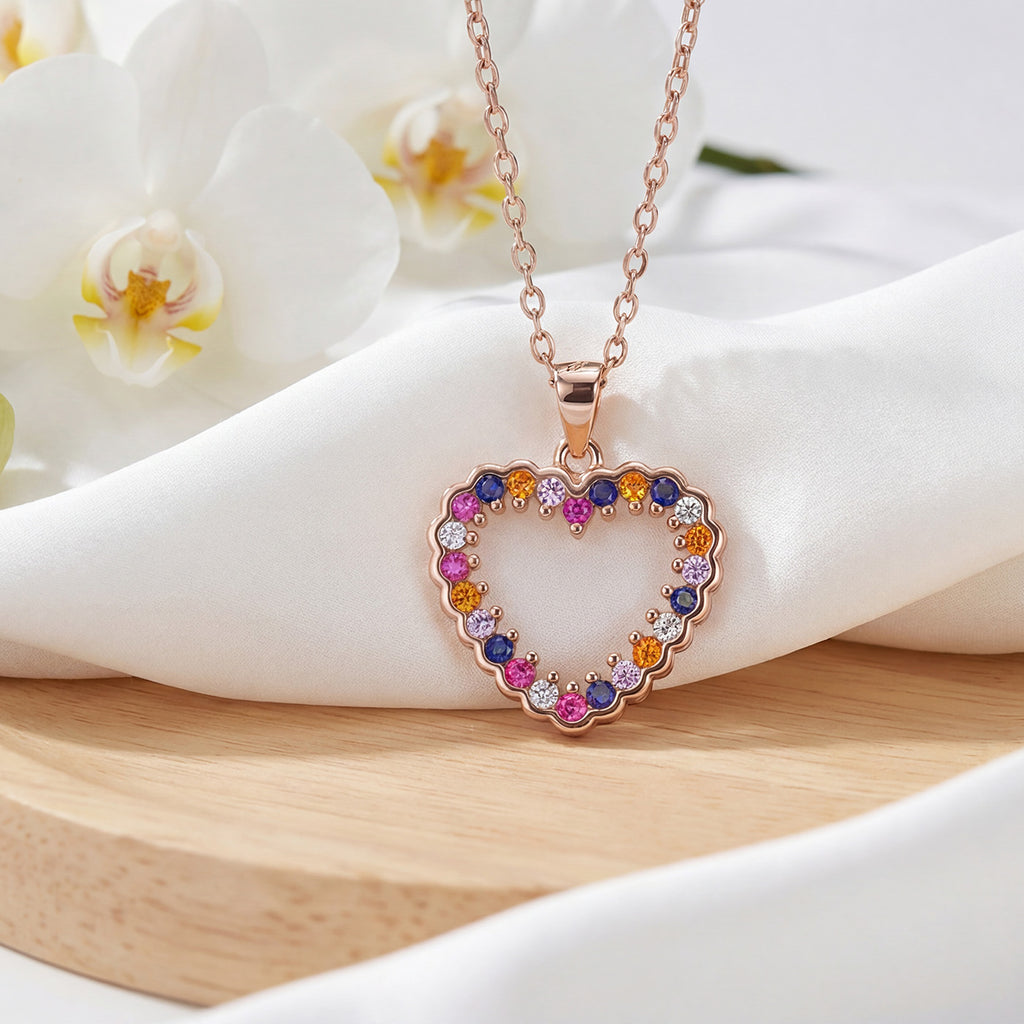 Sterling Silver Rose Gold Plated Heart Pendant Necklace, Multicolor Cubic Zirconia