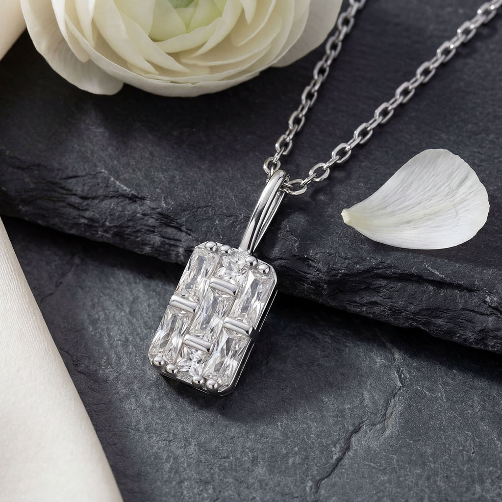 Geometric Rectangular CZ Pendant Necklace | 925 Sterling Silver Rhodium Plated | Art Deco Inspired Design