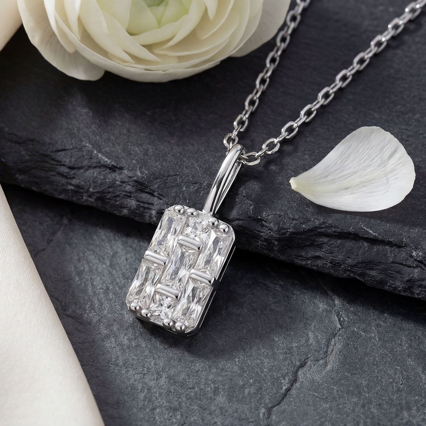 Geometric Rectangular CZ Pendant Necklace | 925 Sterling Silver Rhodium Plated | Art Deco Inspired Design