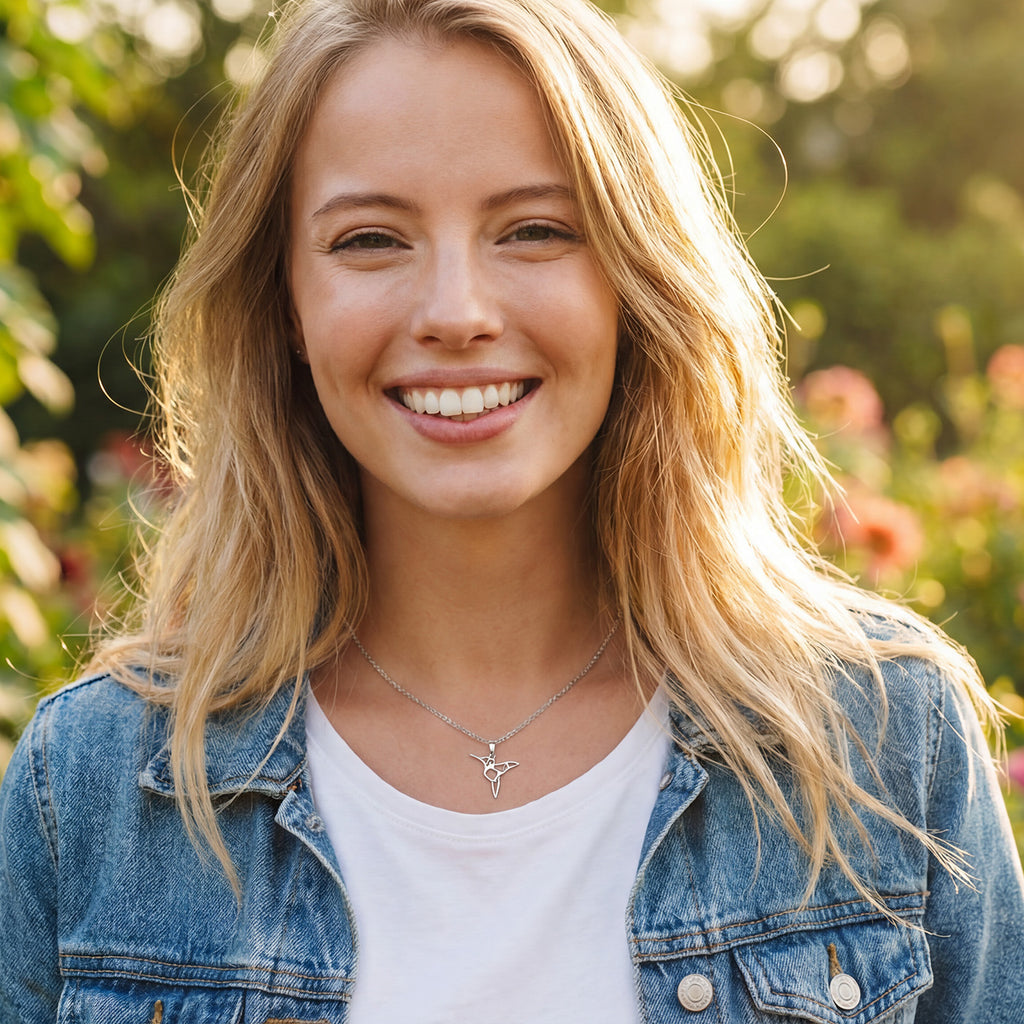 Geometric Hummingbird Necklace | 925 Sterling Silver Rhodium Plated Pendant