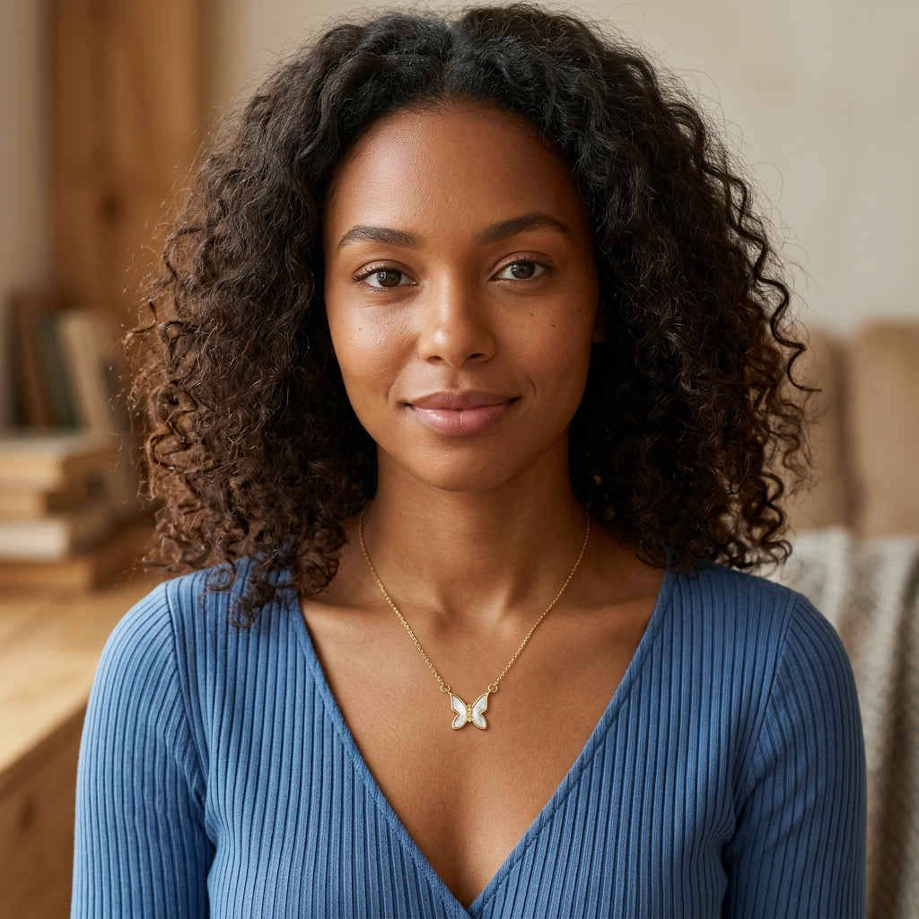White Iridescent Butterfly Necklace - 18K Gold Plated Stainless Steel