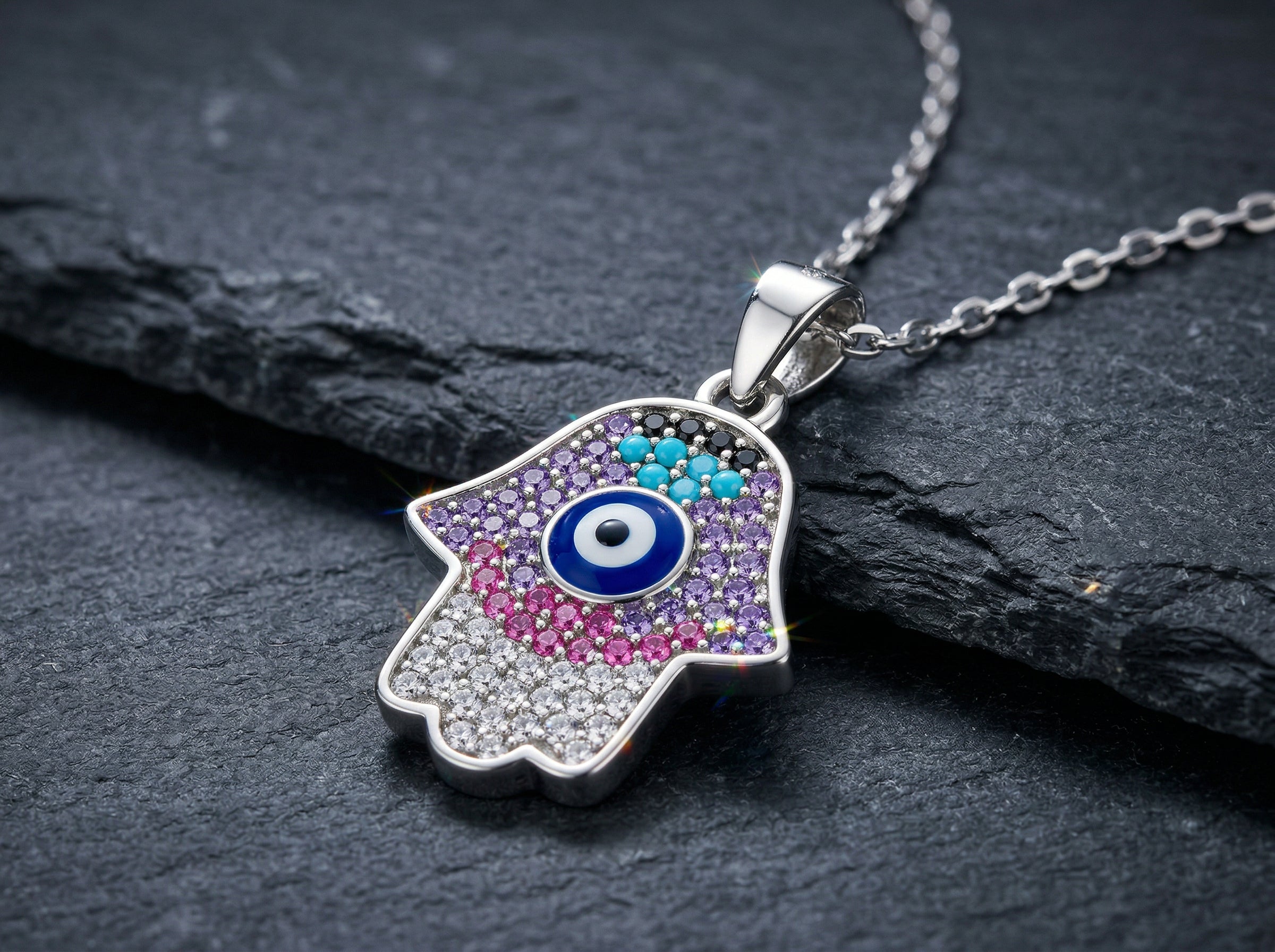 925 Sterling Silver Evil Eye Hamsa Hand Pendant Necklace  Multicolor Stones