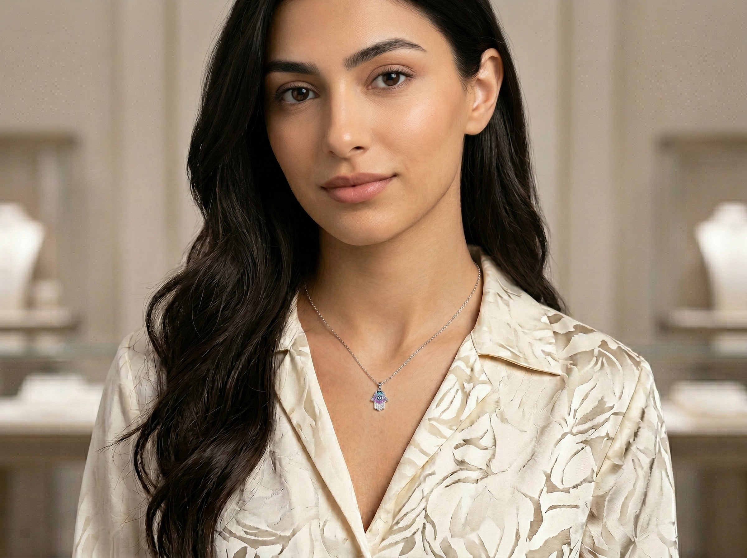 925 Sterling Silver Evil Eye Hamsa Hand Pendant Necklace  Multicolor Stones