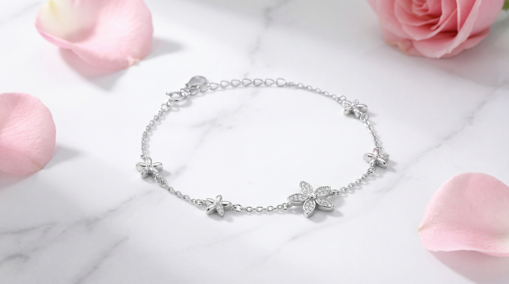 925 Sterling Silver Rhodium Plated Flower Bracelet