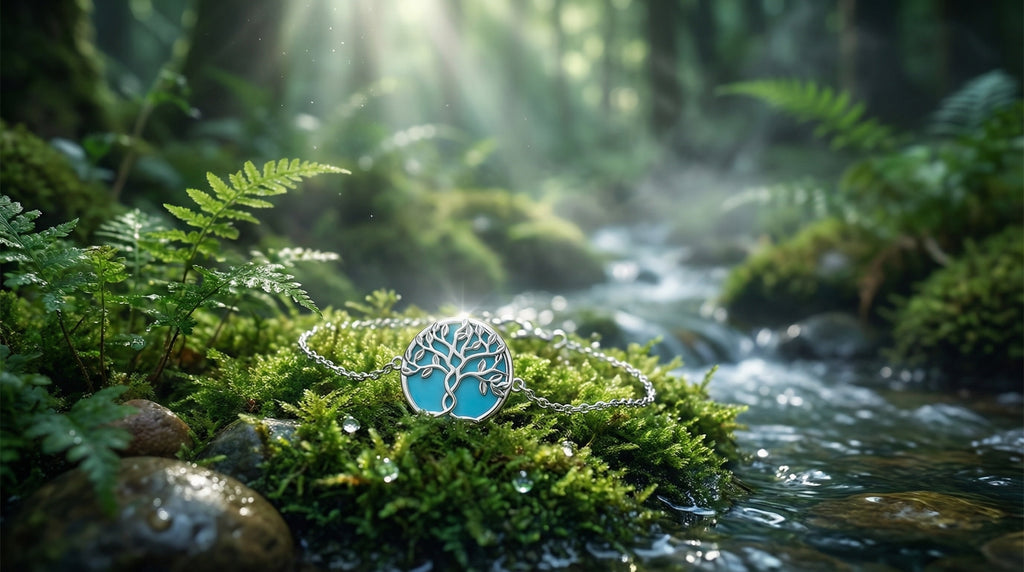 Sterling Silver Rhodium Plated Tree of Life Bracelet with Aquamarine Enamel