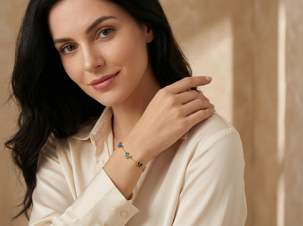 925 Sterling Silver 14k Gold Plated Butterfly Bracelet, Multicolor