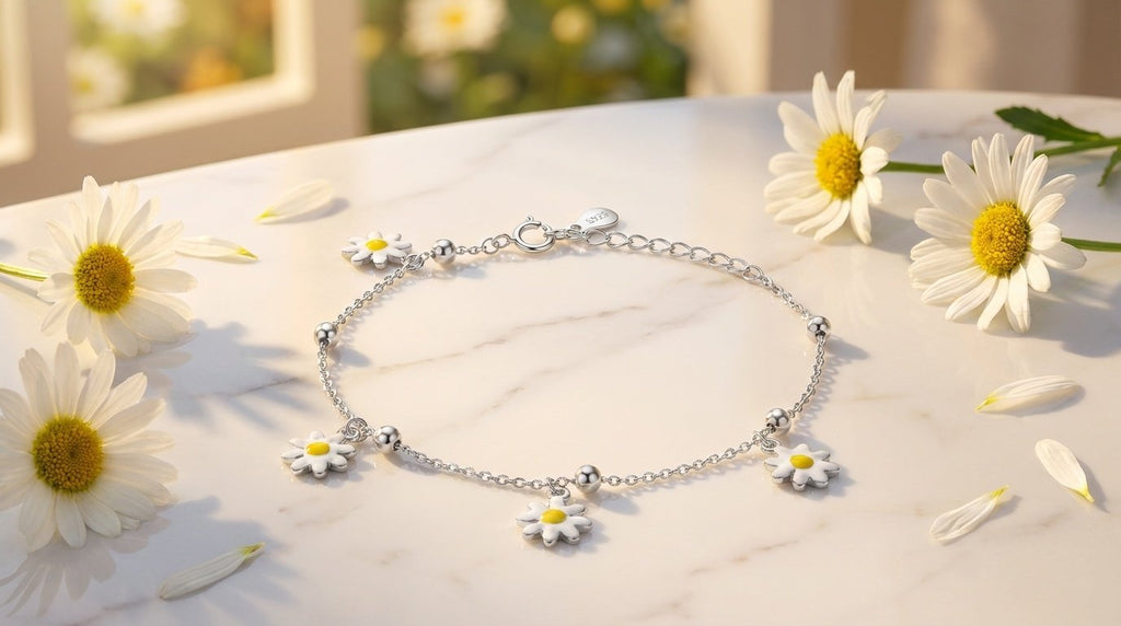 Sterling Silver Rhodium Enamel Daisy Charms Flower Bracelet