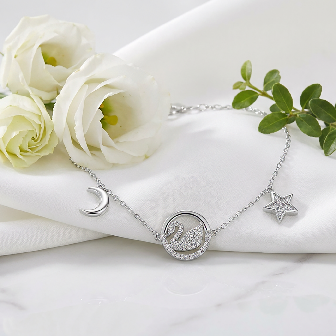 Rhodium Plated 925 Sterling Silver Swan Bracelet with Moon and Stars