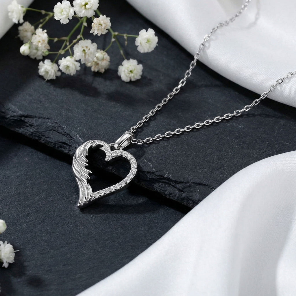 Sterling Silver Rhodium Plated Wing Heart Necklace