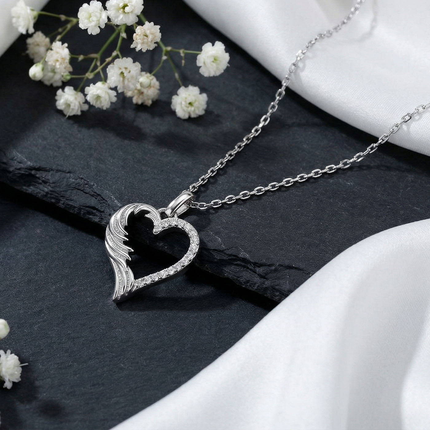 Sterling Silver Rhodium Plated Wing Heart Necklace