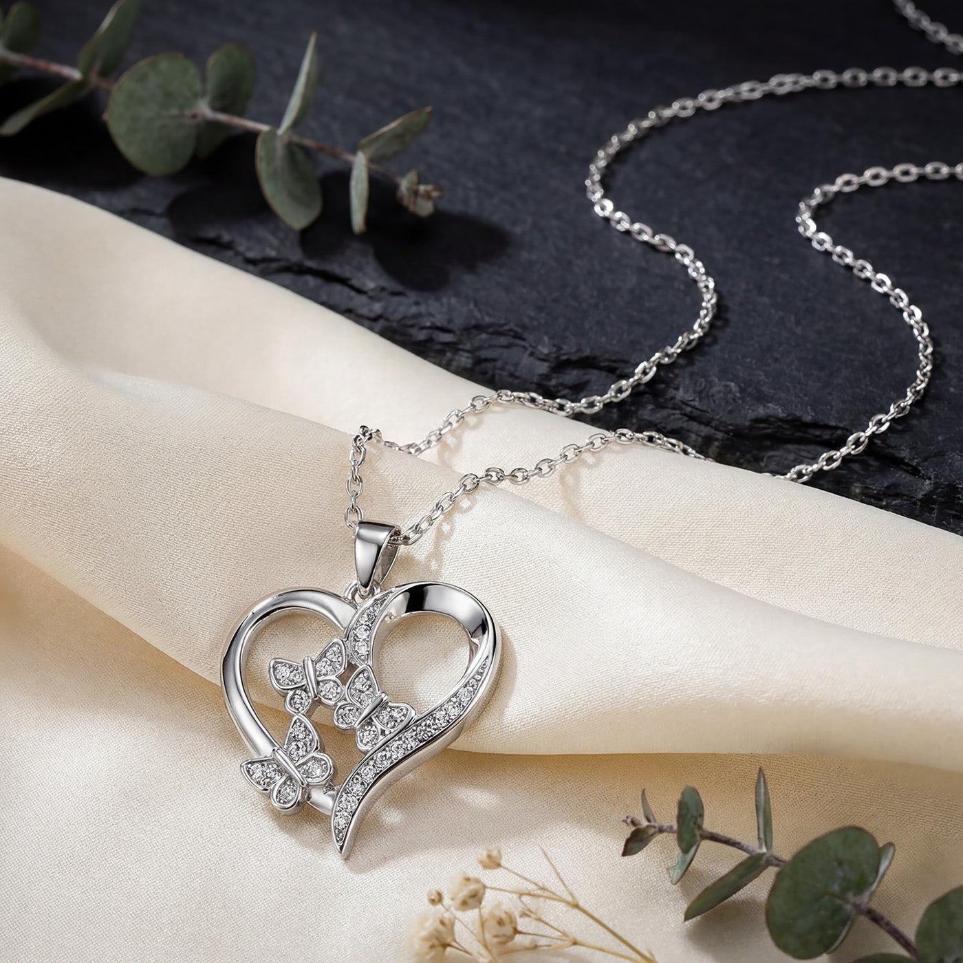 925 Sterling Silver Rhodium Plated Butterfly Heart Necklace