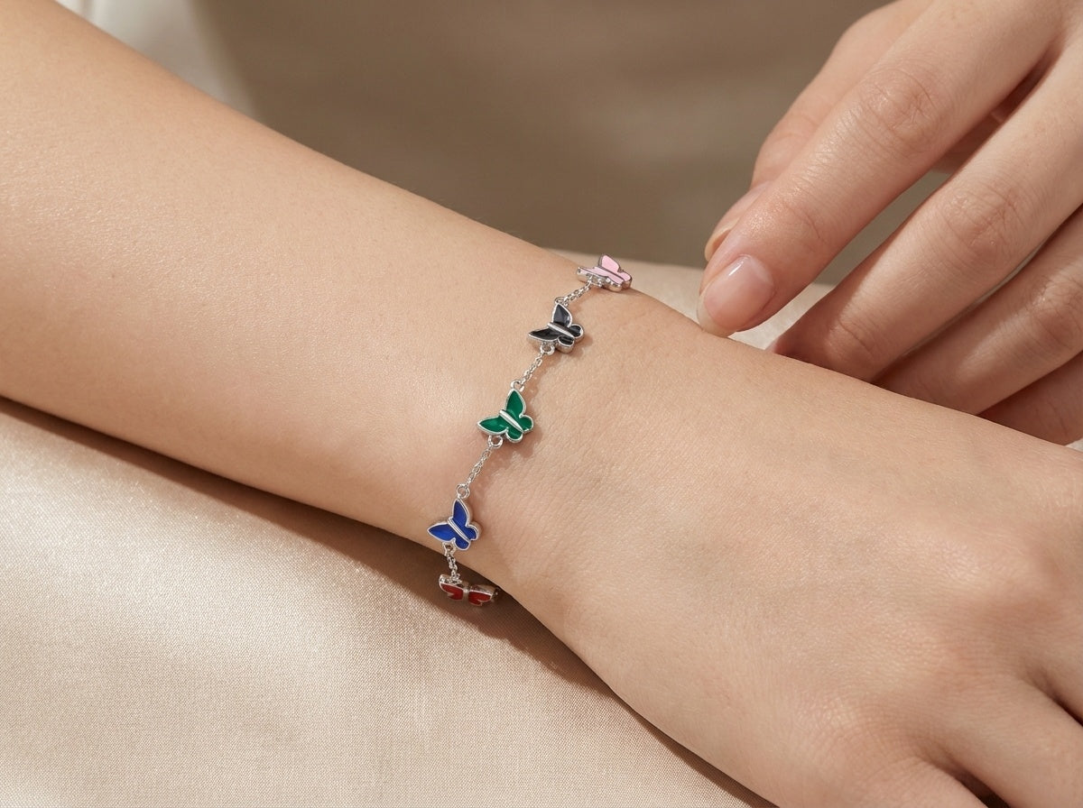925 Sterling Silver Rhodium Plated Butterfly Bracelet, Multicolor