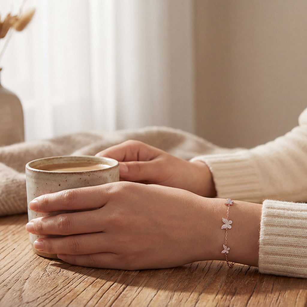 925 Sterling Silver Butterfly Bracelet, Rhodium or 14k rose gold Plated