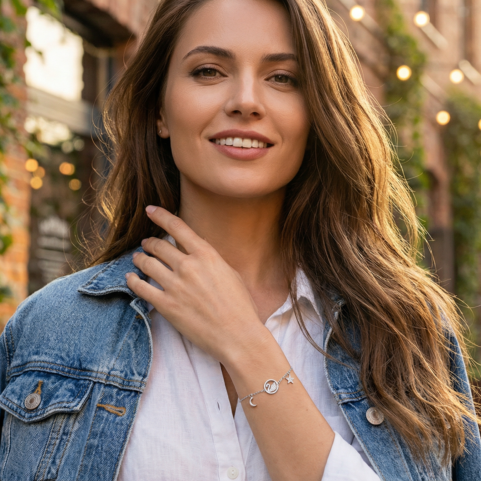 Rhodium Plated 925 Sterling Silver Swan Bracelet with Moon and Stars