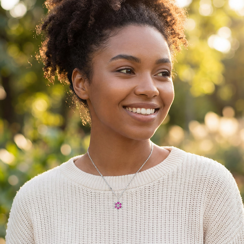 925 Sterling Silver Rhodium Plated Pink Crystal Flower Necklace