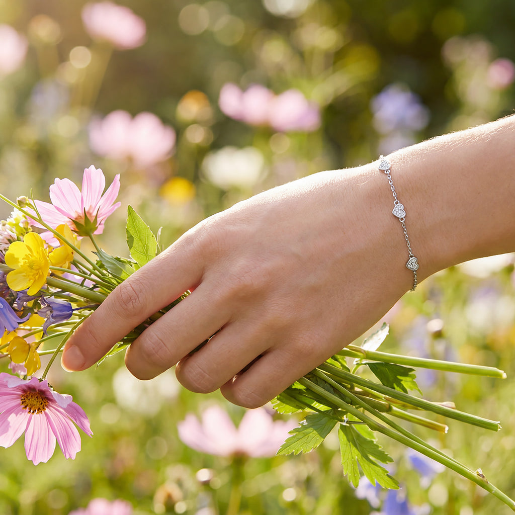 Sterling Silver Rhodium Plated Triple Heart Bracelet