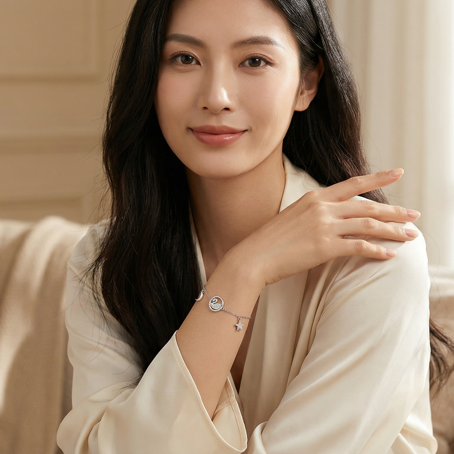 Rhodium Plated 925 Sterling Silver Swan Bracelet with Moon and Stars