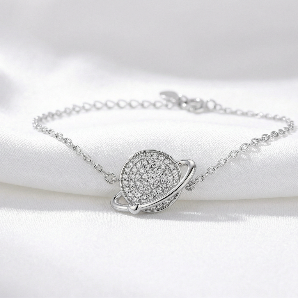 925 Sterling Silver Rhodium Plated Saturn Planet Heart Bracelet