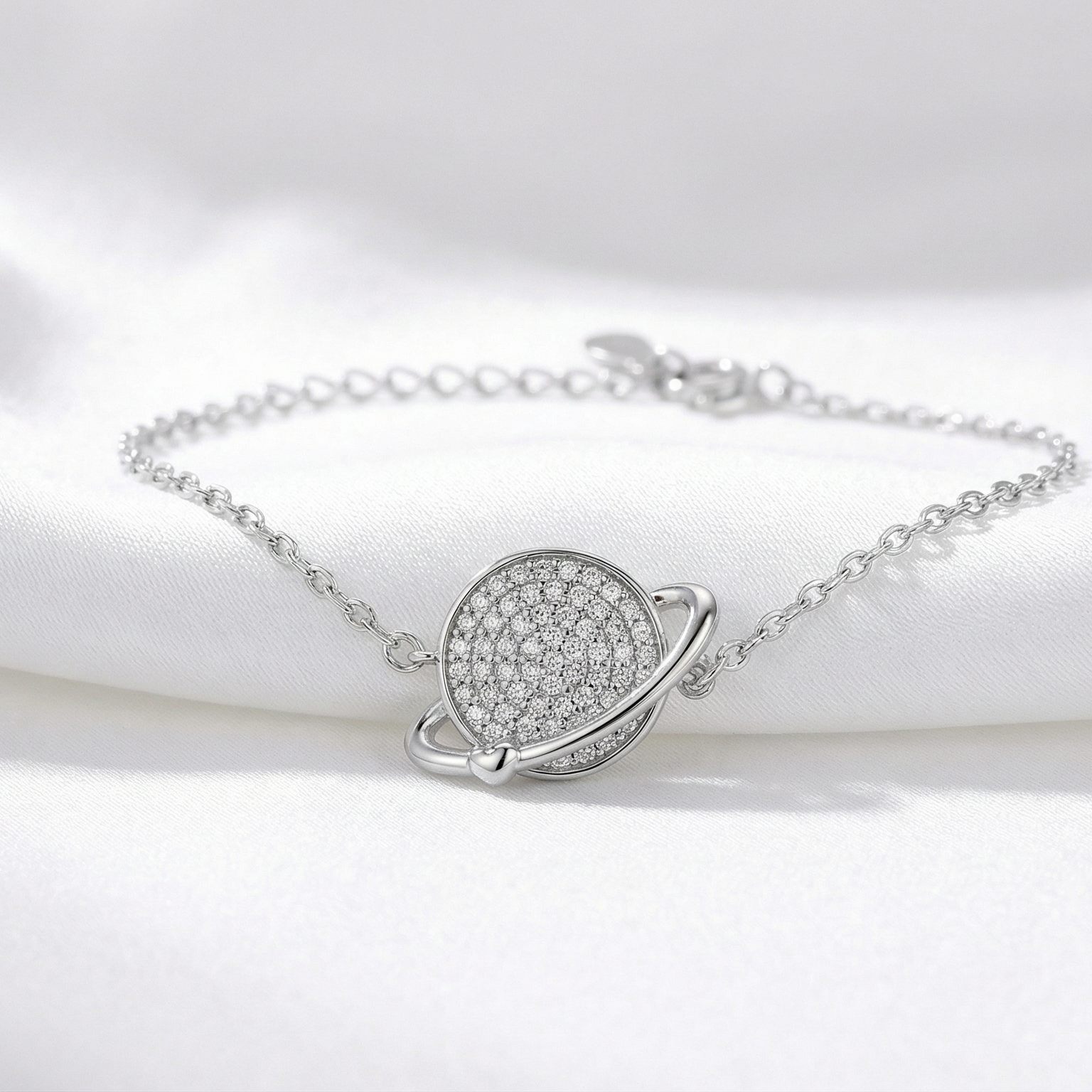 925 Sterling Silver Rhodium Plated Saturn Planet Heart Bracelet