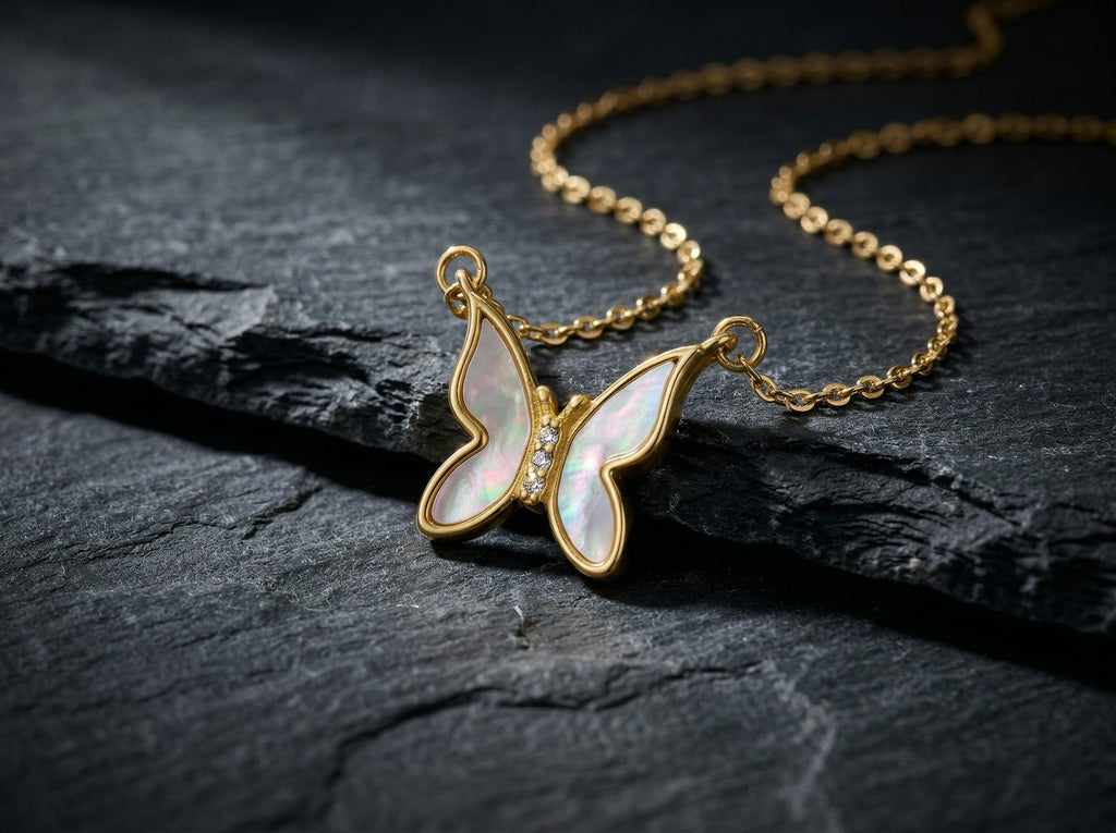 White Iridescent Butterfly Necklace - 18K Gold Plated Stainless Steel