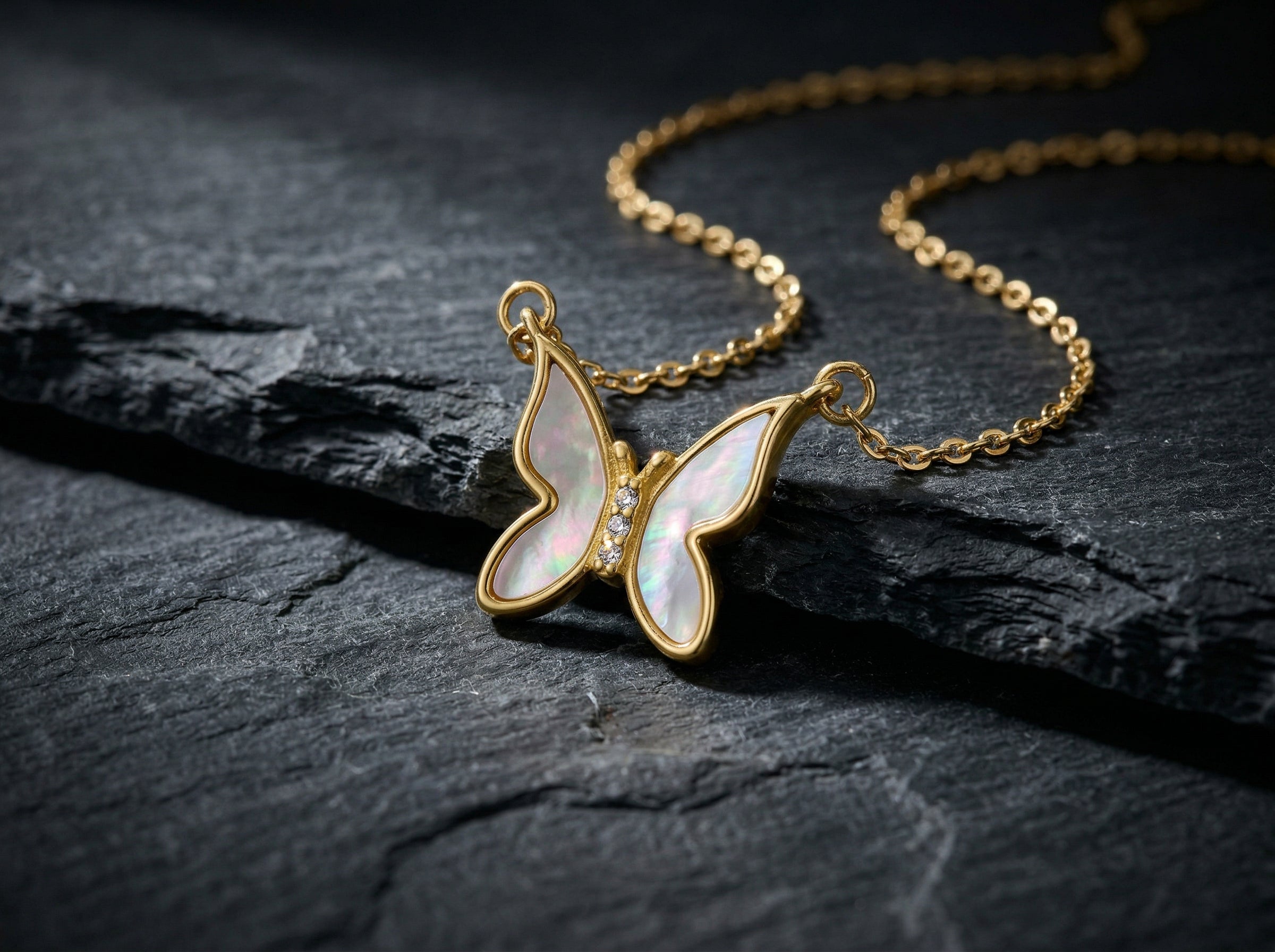 White Iridescent Butterfly Necklace - 18K Gold Plated Stainless Steel