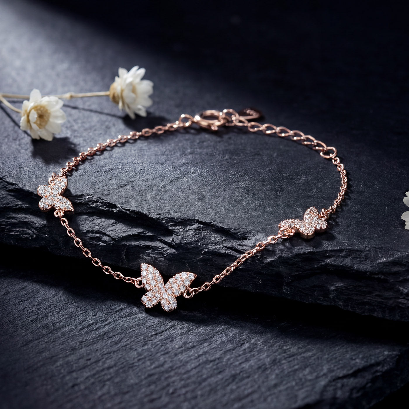 925 Sterling Silver Butterfly Bracelet, Rhodium or 14k rose gold Plated