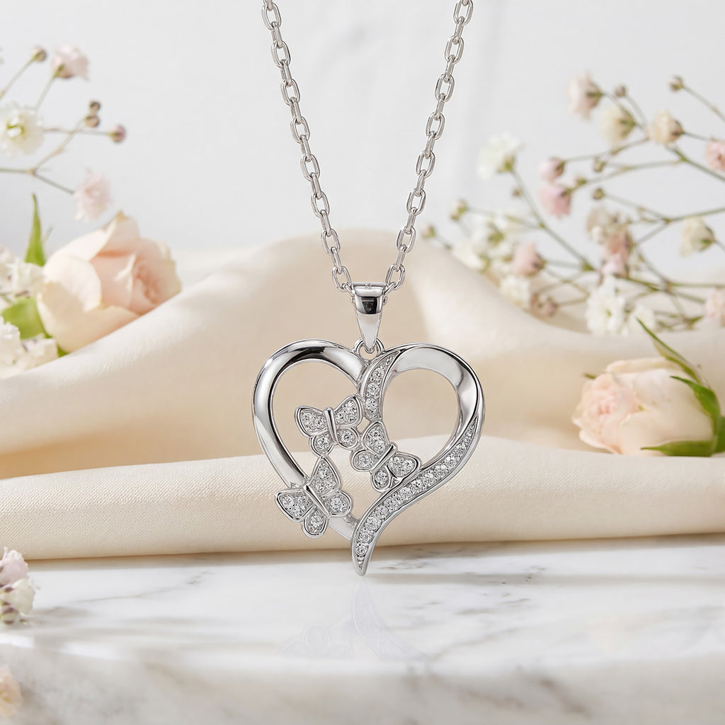 925 Sterling Silver Rhodium Plated Butterfly Heart Necklace