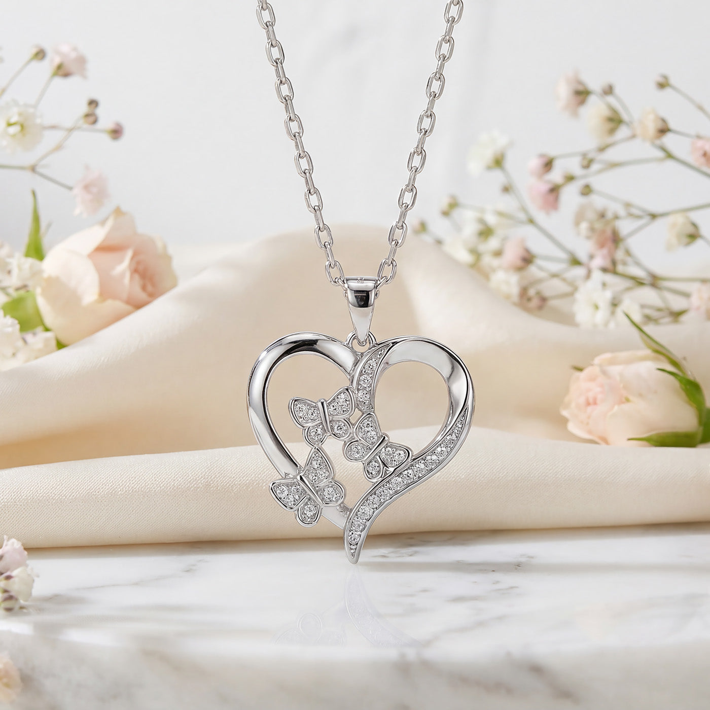 925 Sterling Silver Rhodium Plated Butterfly Heart Necklace