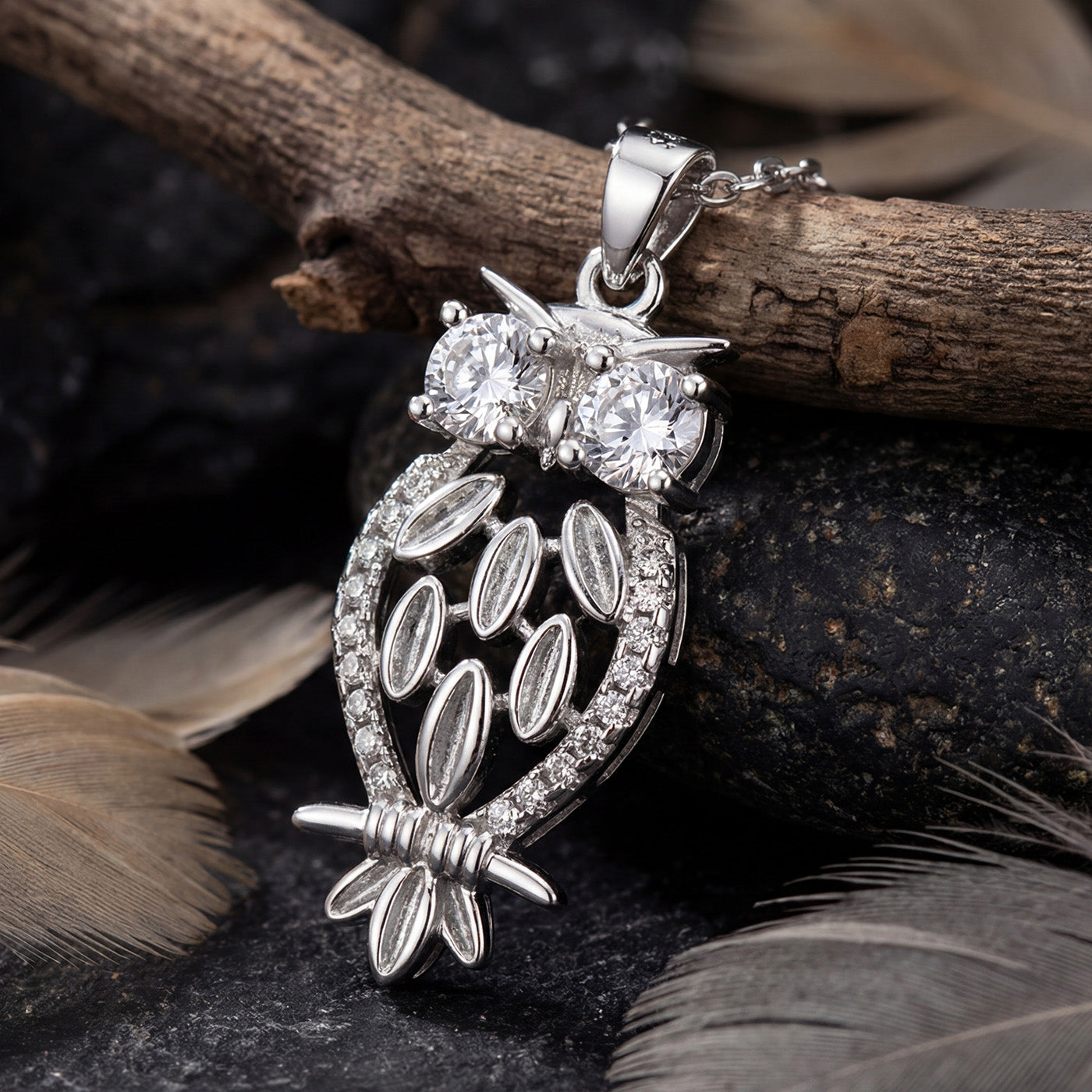 Rhodium Plated 925 Sterling Silver Owl Pendant Necklace