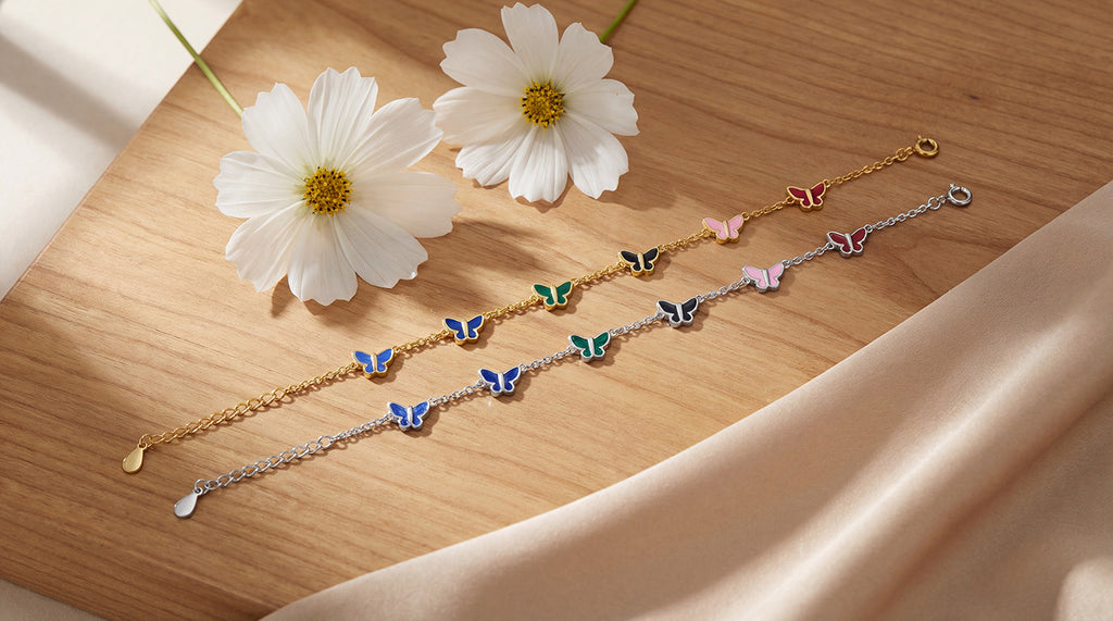 925 Sterling Silver 14k Gold Plated Butterfly Bracelet, Multicolor