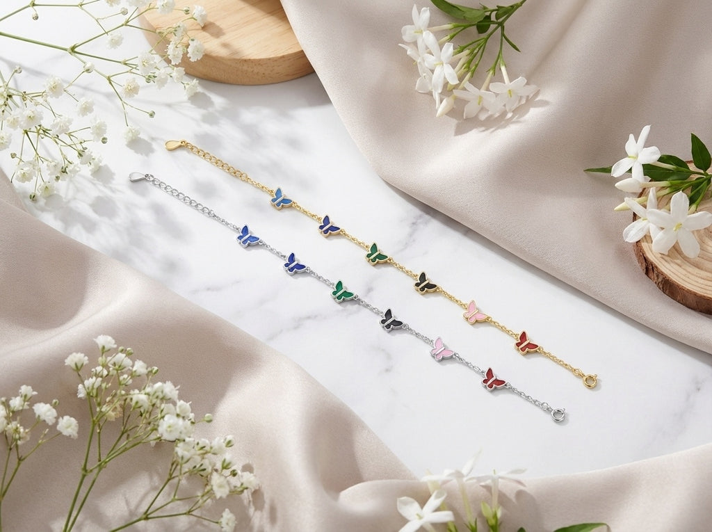 925 Sterling Silver 14k Gold Plated Butterfly Bracelet, Multicolor