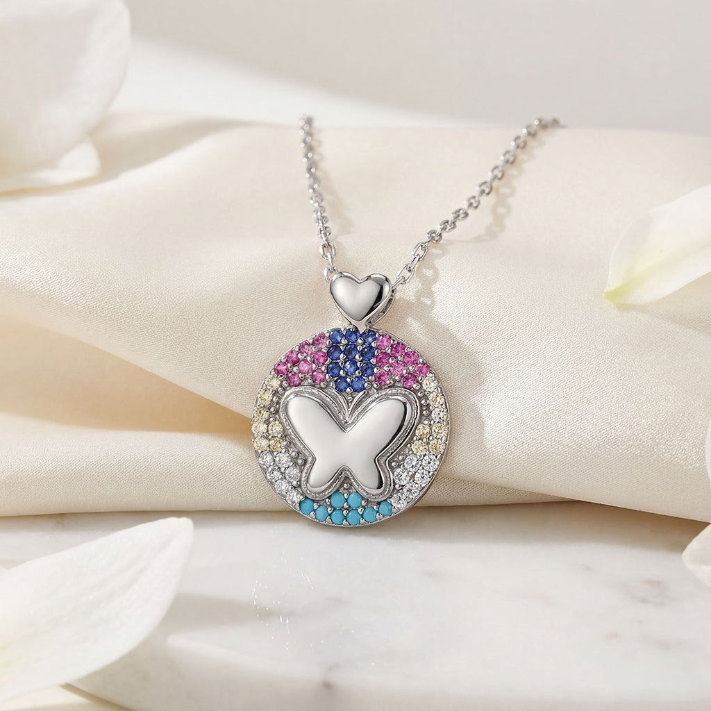 Sterling Silver Butterfly Pendant Necklace - Multicolor CZ Stones