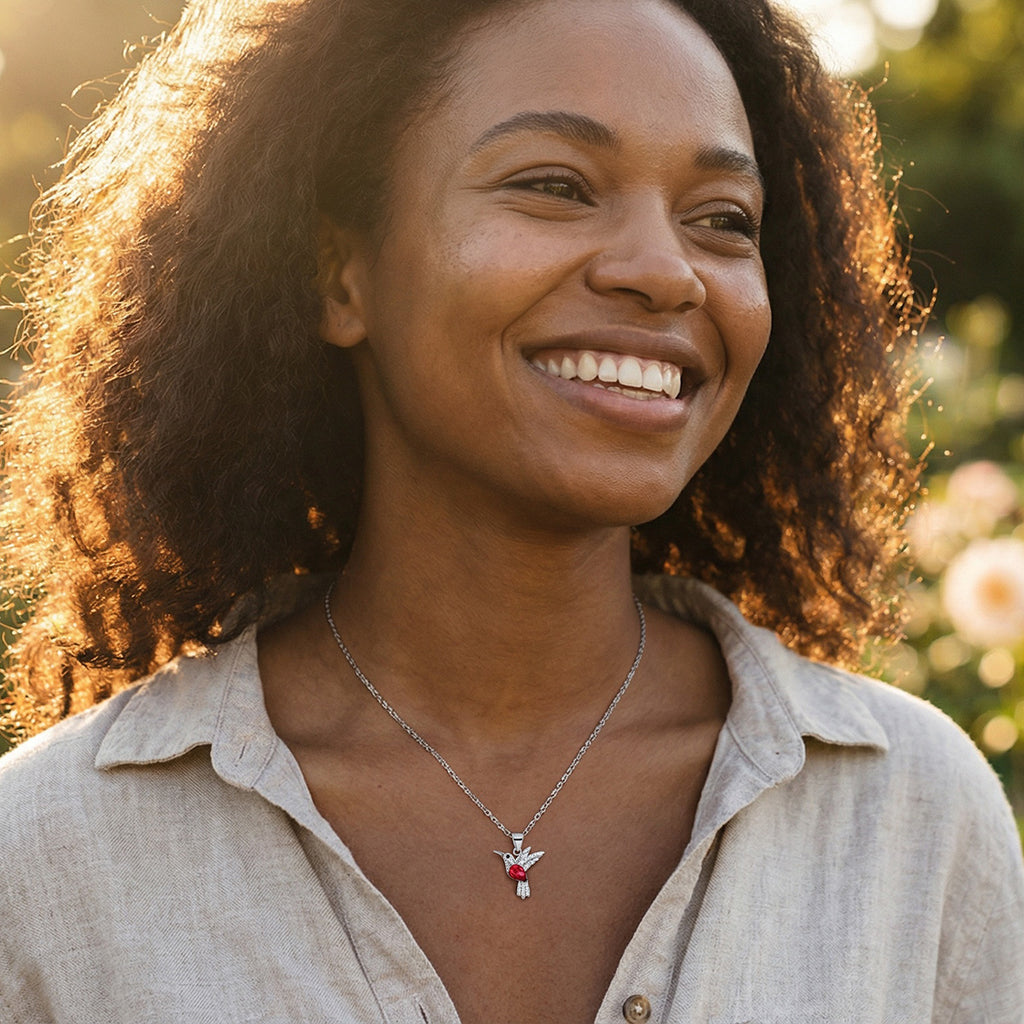 Rhodium Plated Sterling Silver Hummingbird Necklace with Red CZ Stone