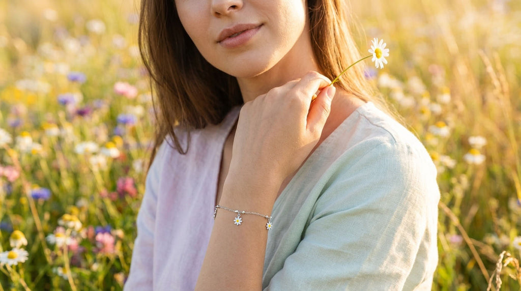 Sterling Silver Rhodium Enamel Daisy Charms Flower Bracelet