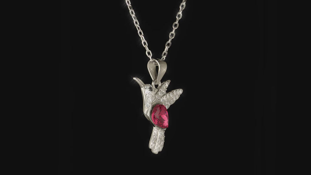 Rhodium Plated Sterling Silver Hummingbird Necklace with Red CZ Stone