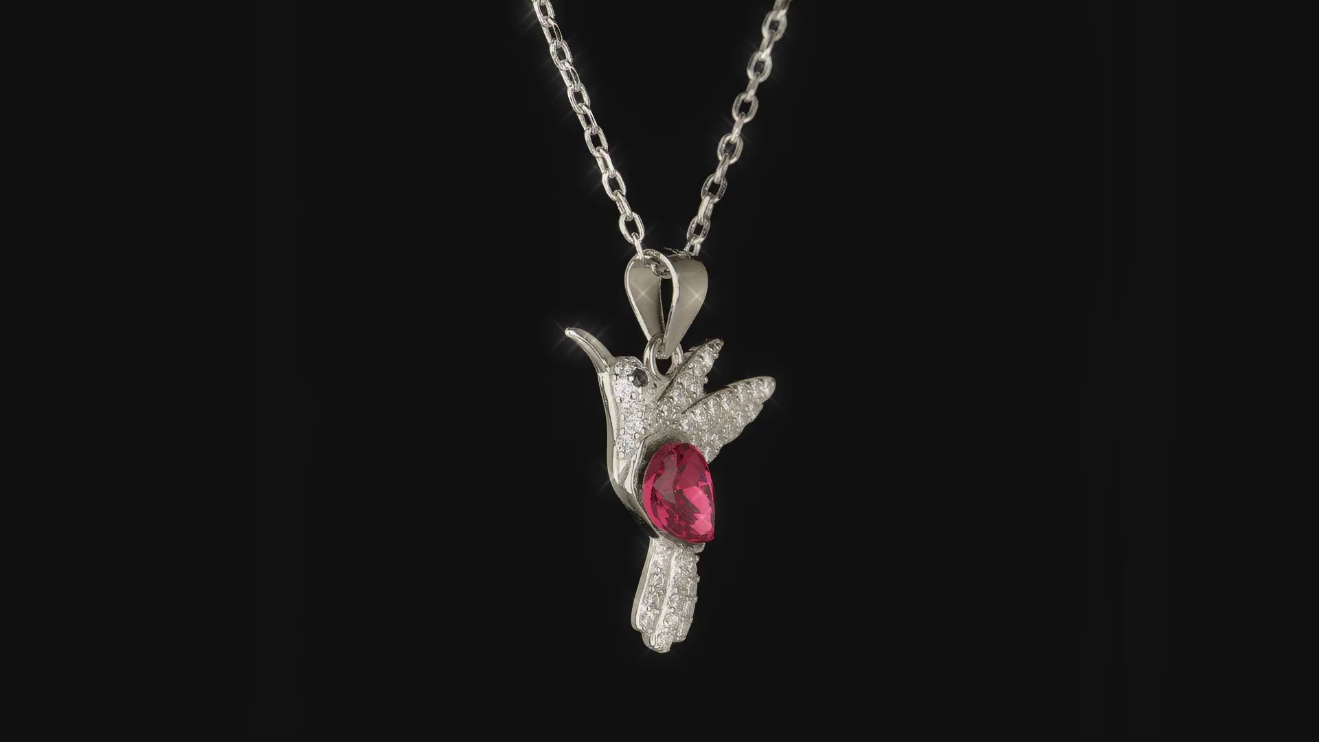 Rhodium Plated Sterling Silver Hummingbird Necklace with Red CZ Stone