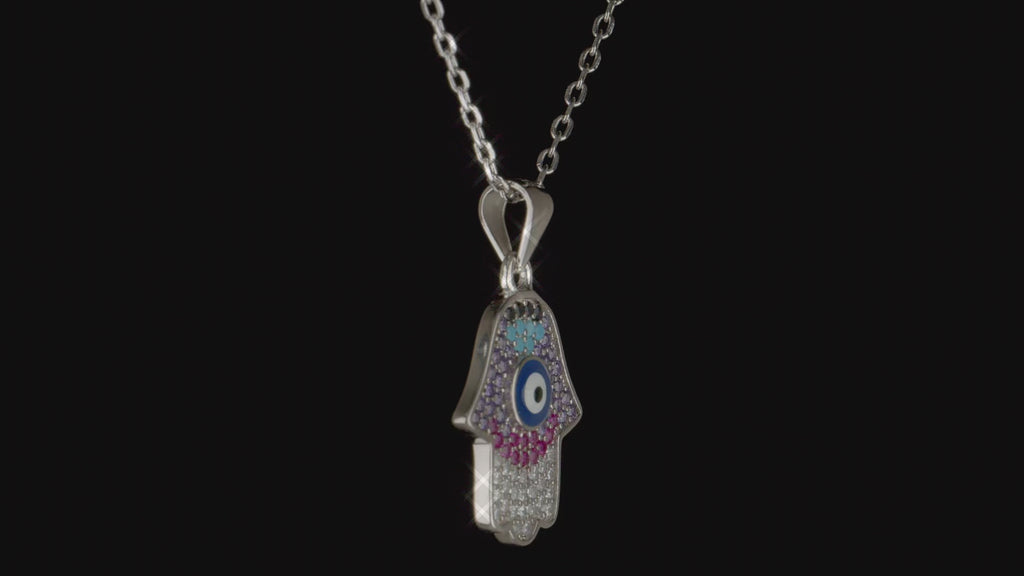 925 Sterling Silver Evil Eye Hamsa Hand Pendant Necklace  Multicolor Stones