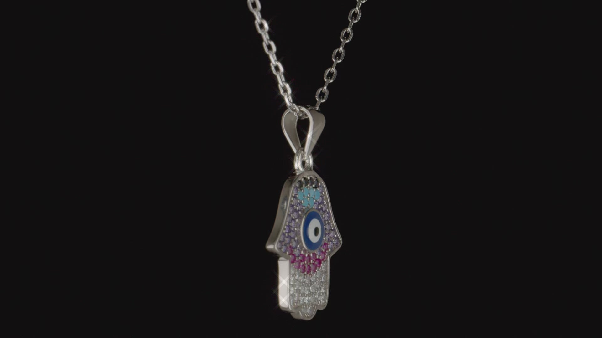 925 Sterling Silver Evil Eye Hamsa Hand Pendant Necklace  Multicolor Stones