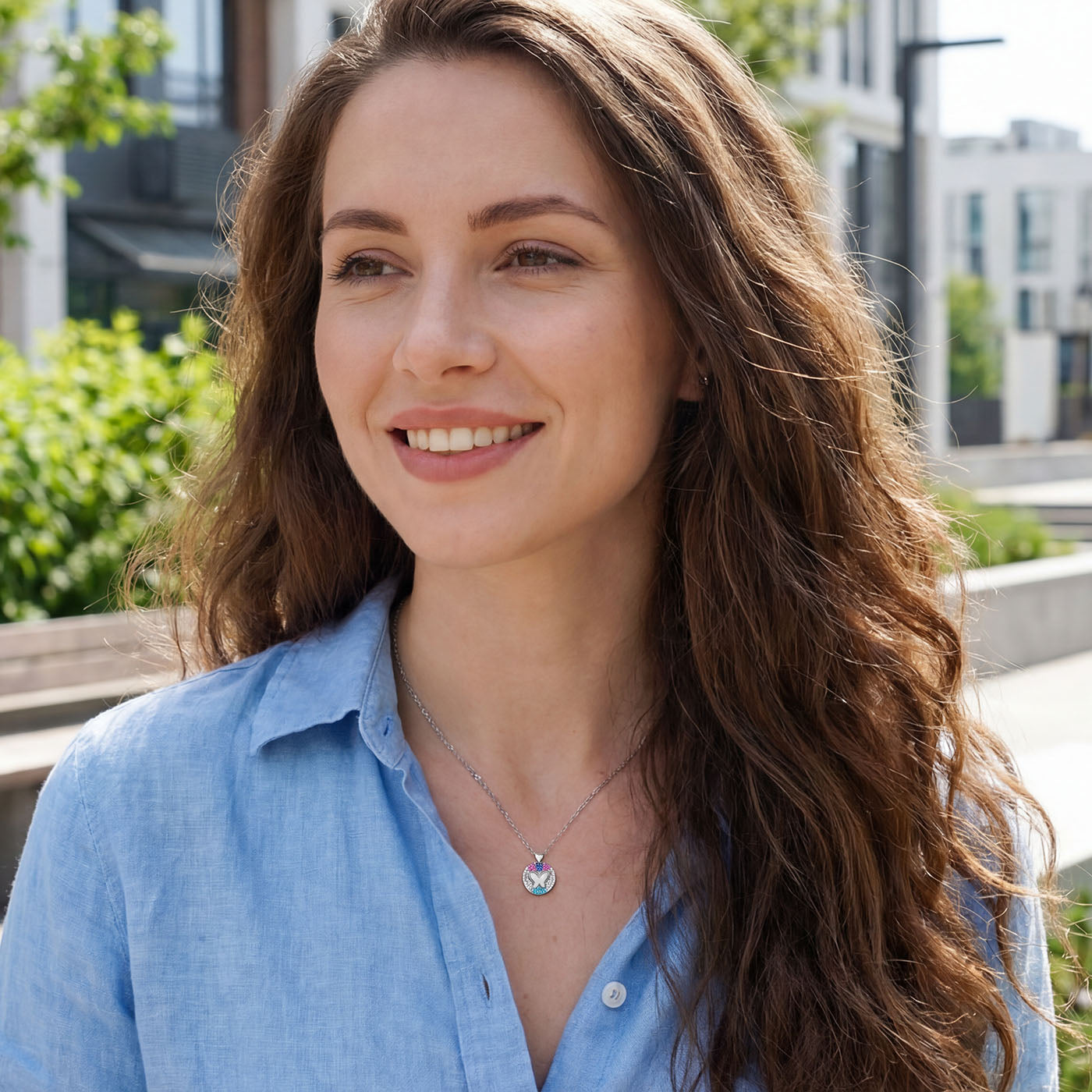 Sterling Silver Butterfly Pendant Necklace - Multicolor CZ Stones